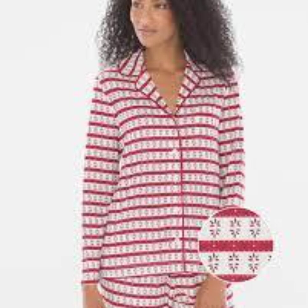 Soma Red White Snowflake Stripe Pajama Top – Button Front Women’s M